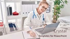  Presentation with medical laptop - PPT layouts enhanced with young-blonde-woman-doctor-using background and a soft green colored foreground
