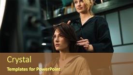  Presentation with beauty-salon - PPT theme featuring young-blonde-woman-doing-hairstyle and a tawny brown colored foreground