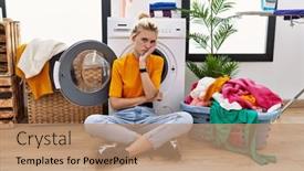  Presentation with laundry - Presentation design featuring young-blonde-woman-doing-laundry background and a coral colored foreground