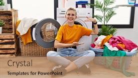  Presentation with laundry - PPT layouts consisting of young-blonde-woman-doing-laundry background and a  colored foreground