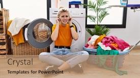  Presentation with laundry - Presentation theme having young-blonde-woman-doing-laundry background and a coral colored foreground