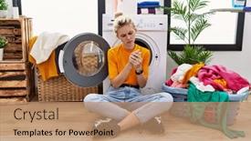  Presentation with laundry - PPT theme with young-blonde-woman-doing-laundry background and a coral colored foreground