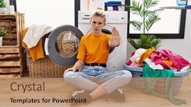  Presentation with hand washing - Presentation theme consisting of young-blonde-woman-doing-laundry background and a coral colored foreground
