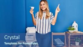  Presentation with detergent powder - Slide set featuring young-blonde-woman-doing-laundry background and a  colored foreground