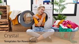  Presentation with self love - Slide set consisting of young-blonde-woman-doing-laundry background and a coral colored foreground