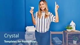  Presentation with detergent powder - Theme with young-blonde-woman-doing-laundry background and a ocean colored foreground