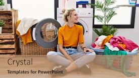  Presentation with laundry - Slide deck featuring young-blonde-woman-doing-laundry background and a  colored foreground