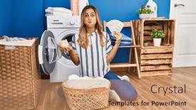  Presentation with saving - Slide set consisting of young-blonde-woman-doing-laundry background and a coral colored foreground