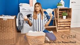  Presentation with saving - Presentation design enhanced with young-blonde-woman-doing-laundry background and a coral colored foreground
