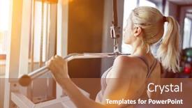  Presentation with strength - Beautiful PPT theme featuring young-blonde-woman-doing-strength backdrop and a red colored foreground