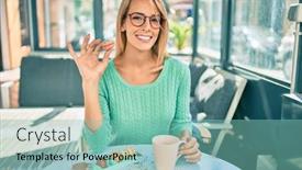  Presentation with coffee - Slides featuring young-blonde-woman-drinking-coffee background and a seafoam green colored foreground