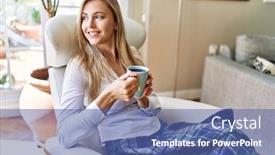  Presentation with handball champions league cup - Slide deck with young-blonde-woman-drinking-cup background and a ocean colored foreground