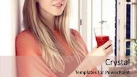  Presentation with tomato juice - Beautiful PPT theme featuring young blonde woman drinking tomato juice leaning against wall daydreaming backdrop and a coral colored foreground