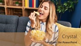  Presentation with eating - Presentation theme having young-blonde-woman-eating-chips and a yellow colored foreground