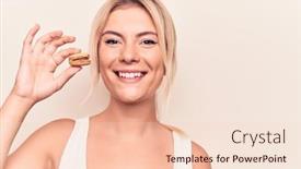  Presentation with chocolate dessert - PPT theme featuring young-blonde-woman-eating-french background and a lemonade colored foreground