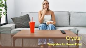  Presentation with popcorn - Presentation consisting of young-blonde-woman-eating-popcorn background and a coral colored foreground