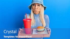  Presentation with soda - Beautiful presentation theme featuring young-blonde-woman-eating backdrop and a teal colored foreground