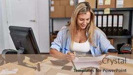  Presentation with ecommerce - Presentation design featuring young-blonde-woman-ecommerce-business background and a coral colored foreground