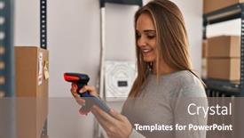  Presentation with barcode - Theme consisting of young-blonde-woman-ecommerce-business background and a gray colored foreground