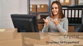  Presentation with ecommerce - Presentation design having young-blonde-woman-ecommerce-business background and a coral colored foreground