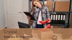  Presentation with ecommerce - Presentation theme featuring young-blonde-woman-ecommerce-business background and a coral colored foreground