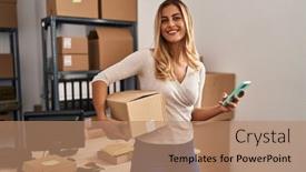  Presentation with ecommerce - PPT theme having young-blonde-woman-ecommerce-business background and a coral colored foreground