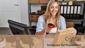  Presentation with barcode - Presentation theme consisting of young-blonde-woman-ecommerce-business background and a coral colored foreground