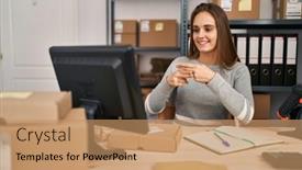  Presentation with language - PPT theme with young-blonde-woman-ecommerce-business background and a coral colored foreground