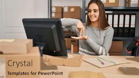  Presentation with language - Slides having young-blonde-woman-ecommerce-business background and a coral colored foreground