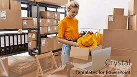  Presentation with young business woman smile show - Presentation theme with young-blonde-woman-ecommerce-business and a coral colored foreground