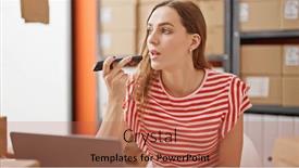  Presentation with ecommerce - Slide deck with young-blonde-woman-ecommerce-business and a coral colored foreground