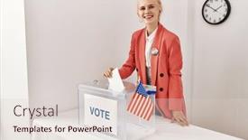  Presentation with vote - Presentation design enhanced with young-blonde-woman-electoral-table background and a lemonade colored foreground