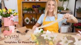  Presentation with flower woman - Presentation with young-blonde-woman-florist-smiling background and a  colored foreground