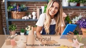  Presentation with envelope - Presentation design having young-blonde-woman-florist-using background and a coral colored foreground