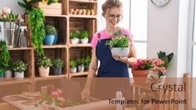 Presentation design having young-blonde-woman-florist-using 