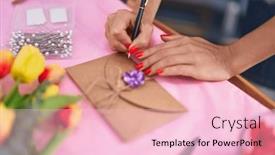  Presentation with envelope - Slide set enhanced with young-blonde-woman-florist-writting background and a lemonade colored foreground