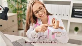  Presentation with gynecologist - Presentation design having young-blonde-woman-gynecologist-holding background and a soft green colored foreground