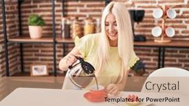  Presentation with breakfast - Presentation theme having young-blonde-woman-having-breakfast background and a coral colored foreground