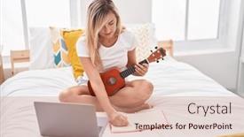  Presentation with ukulele - Theme consisting of young-blonde-woman-having-online background and a coral colored foreground