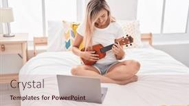  Presentation with ukulele - Presentation theme with young-blonde-woman-having-online background and a coral colored foreground
