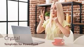  Presentation with language - Presentation theme with young-blonde-woman-having-video background and a soft green colored foreground