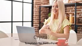  Presentation with language - Slide deck with young-blonde-woman-having-video background and a coral colored foreground