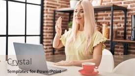  Presentation with language - Slides consisting of young-blonde-woman-having-video background and a coral colored foreground