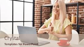  Presentation with language - Presentation theme consisting of young-blonde-woman-having-video background and a soft green colored foreground