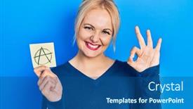  Presentation with friendly - PPT layouts with young-blonde-woman-holding-anarchism background and a ocean colored foreground