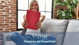  Presentation with book - Presentation design consisting of young-blonde-woman-holding-book background and a ocean colored foreground