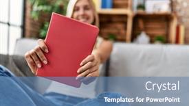  Presentation with book - Presentation design consisting of young-blonde-woman-holding-book background and a teal colored foreground