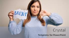  Presentation with political woman - Audience pleasing presentation design consisting of young-blonde-woman-holding-brexit backdrop and a light blue colored foreground