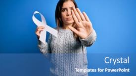  Presentation with violence women - Presentation theme enhanced with young-blonde-woman-holding-cancer background and a teal colored foreground