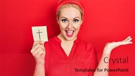  Presentation with catholic - Audience pleasing slide deck consisting of young-blonde-woman-holding-catholic backdrop and a  colored foreground